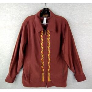 Bob Mackie Womens Jacket Large  Brown Embroidered Leaf Faux Suede Art To Wear